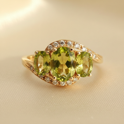 10K Yellow Gold Three-Stone Peridot & Diamond Bypass Ring - editorial front elevated