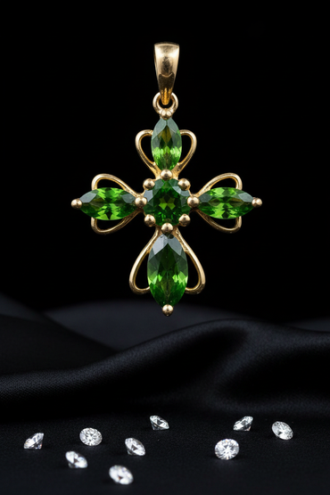 14K Yellow Gold Chrome Diopside Cross Pendant - Front Close-Up