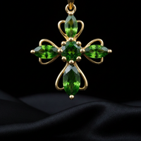 14K Yellow Gold Chrome Diopside Cross Pendant - Front Close-Up
