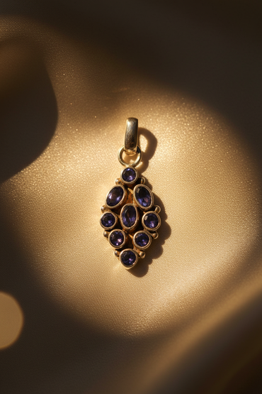 Sterling silver iolite 9-stone cluster pendant - editorial marketing image 2