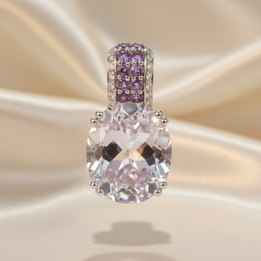 14K White Gold Oval Amethyst Pendant with Amethyst Pavé Bail & Diamond Accents - Front View