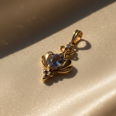 14K Yellow Gold Tanzanite & Diamond Art Nouveau Pendant - Angle View