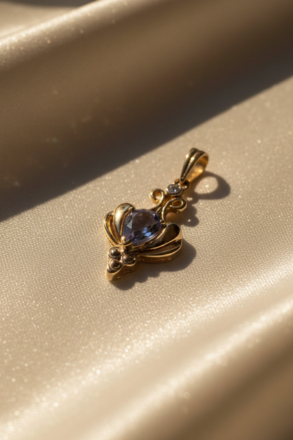 14K Yellow Gold Tanzanite & Diamond Art Nouveau Pendant - Angle View