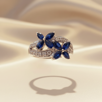 14K White Gold Double Marquise Blue Sapphire Flower Ring with Diamond Pavé Bypass Shank - Front View
