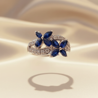 14K White Gold Double Marquise Blue Sapphire Flower Ring with Diamond Pavé Bypass Shank - Front View