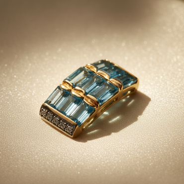 14K yellow gold blue topaz and diamond slide pendant, front view