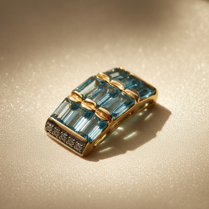14K yellow gold blue topaz and diamond slide pendant, front view