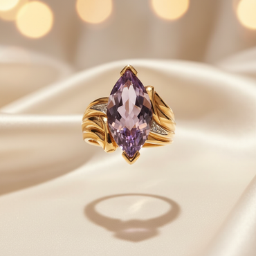 14K Yellow Gold Marquise Amethyst Sculptural Ring — Front View