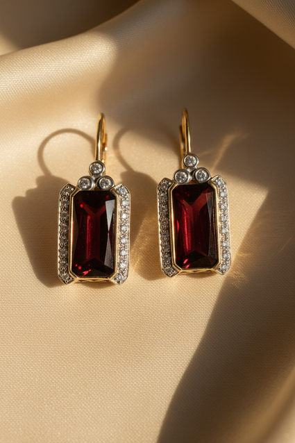 14K Yellow Gold Garnet and Diamond Leverback Earrings - Marketing Image 1