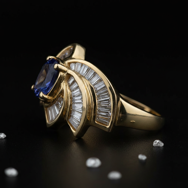 14K Yellow Gold Oval Tanzanite Baguette Diamond Art Deco Ring - Side Profile