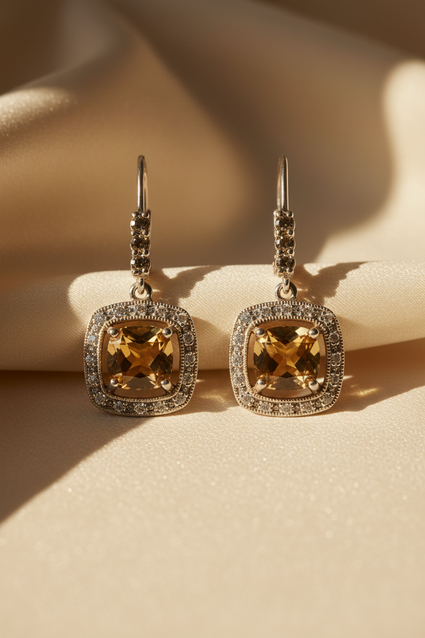 Sterling Silver Citrine Smokey Quartz Diamond Leverback Earrings - Marketing Image 2