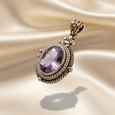 Sterling Silver & 18K Yellow Gold Oval Amethyst & White Topaz Halo Pendant 13x9mm - Bail & Halo Detail
