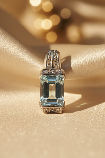 14K White Gold Emerald-Cut Aquamarine & Diamond Pendant - editorial front