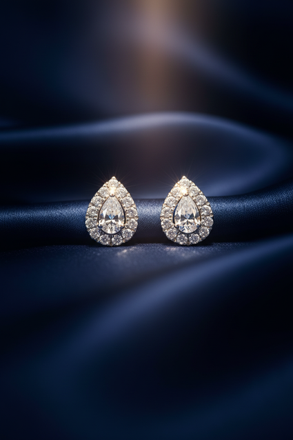 14K White Gold Pear Diamond Halo Stud Earrings on midnight blue silk backdrop editorial marketing image