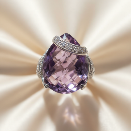 18K White Gold Amethyst and Diamond Bypass Ring - editorial top view