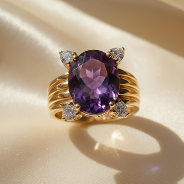 14K Yellow Gold 8x6mm Oval Amethyst and Diamond Ring - top view
