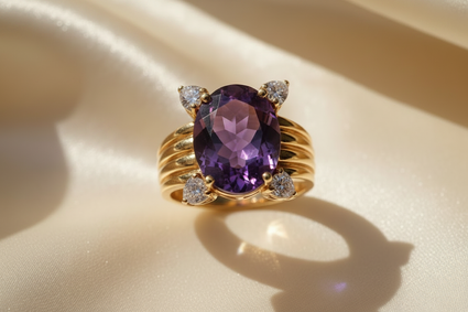 14K Yellow Gold 8x6mm Oval Amethyst and Diamond Ring - top view