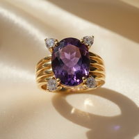 14K Yellow Gold 8x6mm Oval Amethyst and Diamond Ring - top view