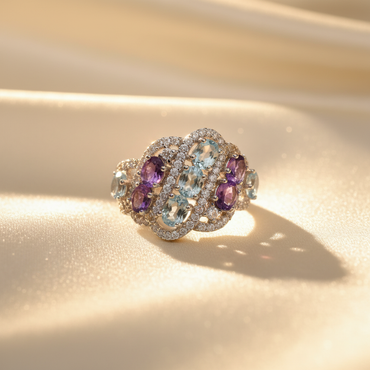 Sterling silver amethyst and aquamarine multi-stone ring - editorial marketing image 2