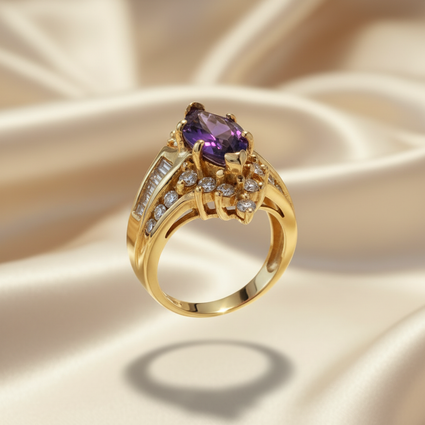 14K Yellow Gold Marquise Amethyst Diamond Ring - Side Profile View