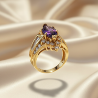 14K Yellow Gold Marquise Amethyst Diamond Ring - Side Profile View