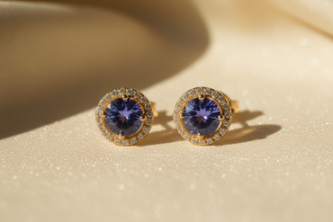14K Yellow Gold Tanzanite & Diamond Halo Stud Earrings - Pair View