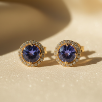14K Yellow Gold Tanzanite & Diamond Halo Stud Earrings - Pair View