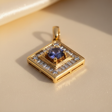 14K Yellow Gold Tanzanite & Diamond Geometric Pendant - Angle View
