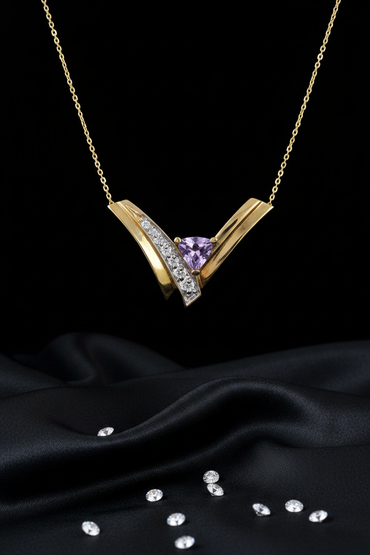 14K Yellow Gold Trillion Amethyst Diamond Chevron Necklace - Full View