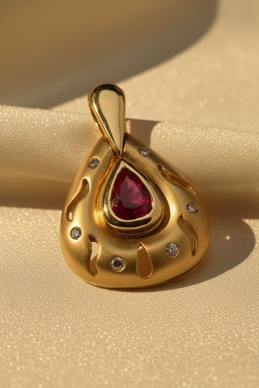 14K Yellow Gold Ruby & Diamond Satin Pendant - angle 2