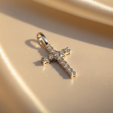14K white gold pavé diamond cross pendant with round brilliant diamonds, angle 2