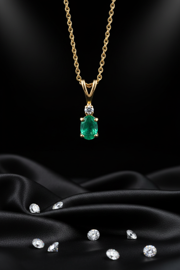 14K Yellow Gold Oval Emerald Diamond Accent Pendant - Full View