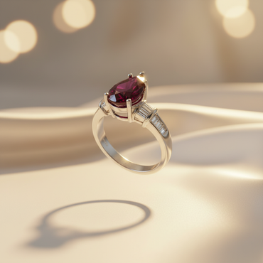 14K White Gold Pear-Cut Ruby & Baguette Diamond Ring - Front View