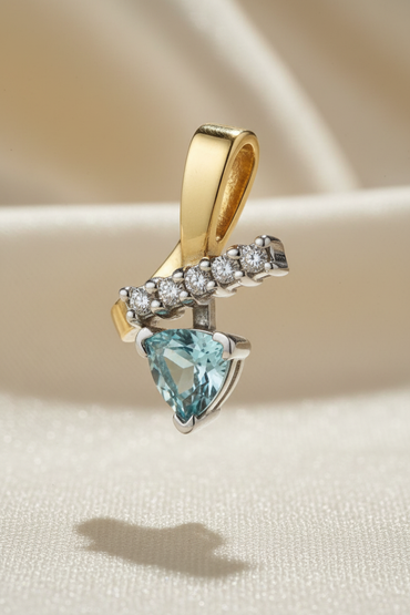 14K Two-Tone Gold Trillion Aquamarine & Diamond Pendant – Three-Quarter View