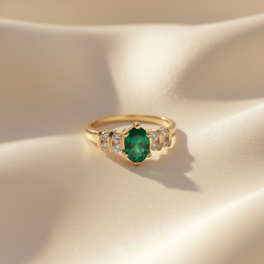 14K Yellow Gold Oval Emerald & Diamond Ring - editorial angled overhead