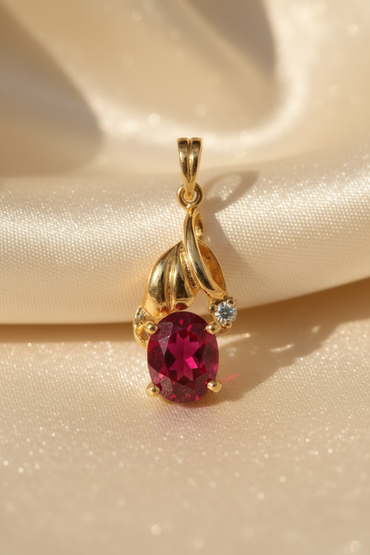14K Yellow Gold Oval Ruby & Diamond Pendant - angle 1