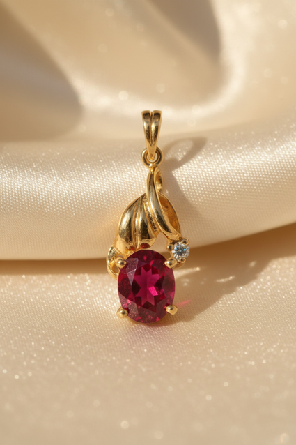 14K Yellow Gold Oval Ruby & Diamond Pendant - angle 1