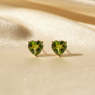14K yellow gold heart peridot stud earrings 5mm - editorial marketing image 2