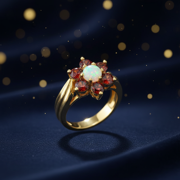 10K yellow gold opal and garnet cluster ring luxury editorial marketing photo