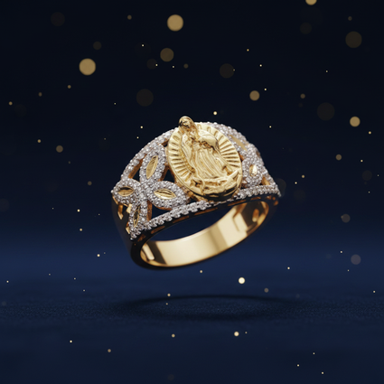 10K two-tone gold Virgin Mary diamond pavé ring luxury editorial marketing photo