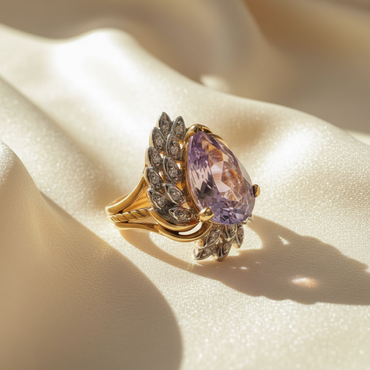 14K Yellow Gold Pear Amethyst & Diamond Ring - Editorial Angled View