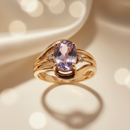 14K Yellow Gold Oval Amethyst Triple Split Shank Diamond Ring — Front View