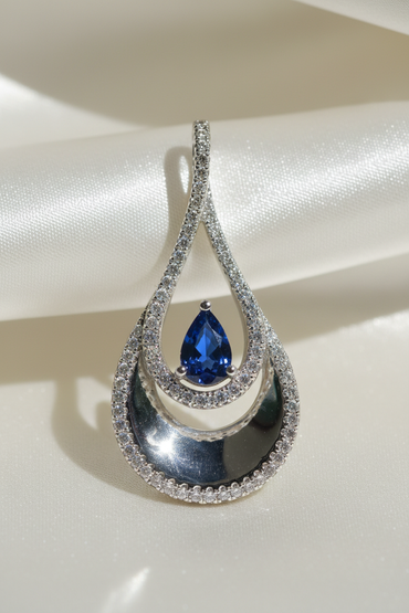 14K White Gold Sapphire & Diamond Double Teardrop Pendant - angle 2