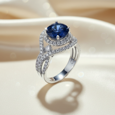14K White Gold 1.7ct Blue Sapphire Double Swirl Halo Diamond Ring — Three-Quarter View