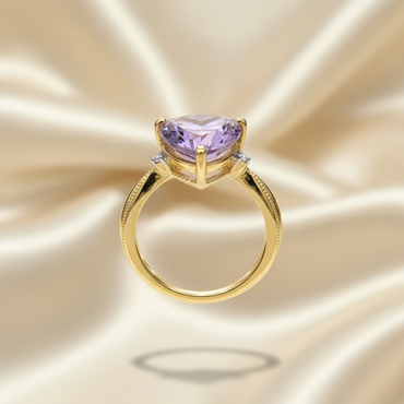 10K Yellow Gold Heart Amethyst Diamond Ring - Side Profile View