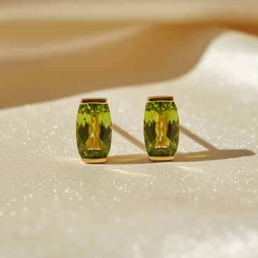 14K yellow gold peridot checkerboard stud earrings - editorial marketing image 2