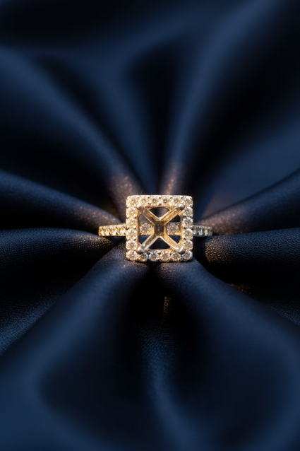 14K White Gold Square Halo Diamond Semi-Mount Engagement Ring on midnight blue silk backdrop editorial marketing image