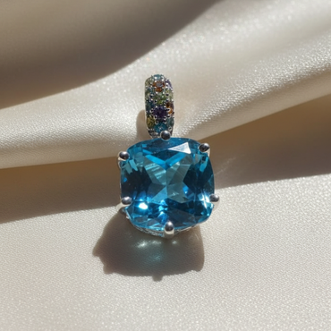 Sterling Silver Cushion Blue Topaz & Multi-Gemstone Pendant - Front View