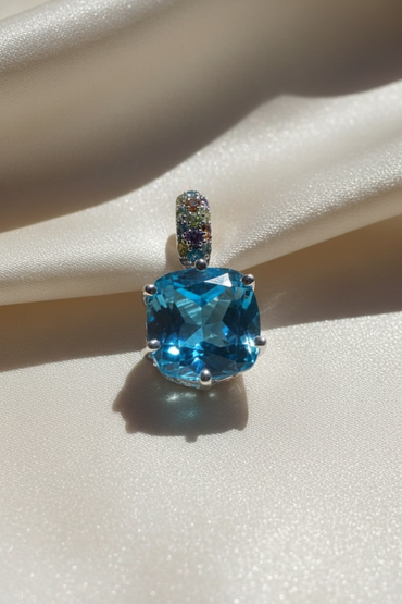 Sterling Silver Cushion Blue Topaz & Multi-Gemstone Pendant - Front View
