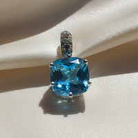 Sterling Silver Cushion Blue Topaz & Multi-Gemstone Pendant - Front View